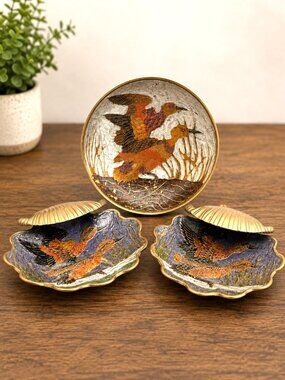 Vintage Hampton Brass India Bird Bowls Set of 3 Hand Painted Decorative Brass